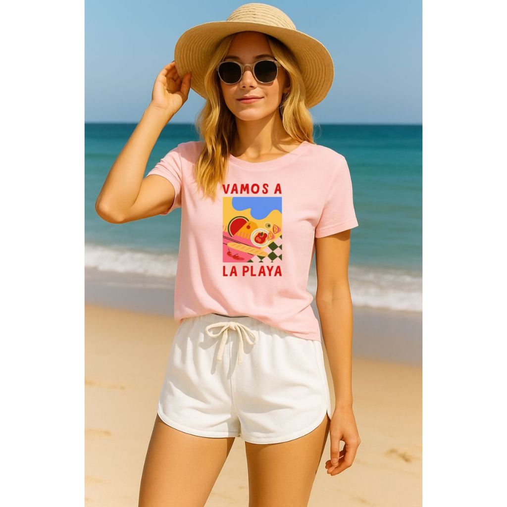 KIT PRAIA T-Shirt Estampada VAMOS A LA PLAYA com Short Tactel com Elastano Camiseta 100% Algodão