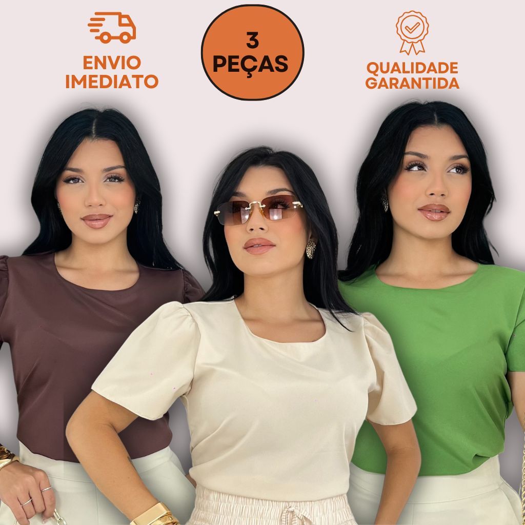 KIT 3 Blusa Social Feminina Manga Bufante Princesa Básica Crepinho Leve Lisa Trabalho em Oferta na Shopee