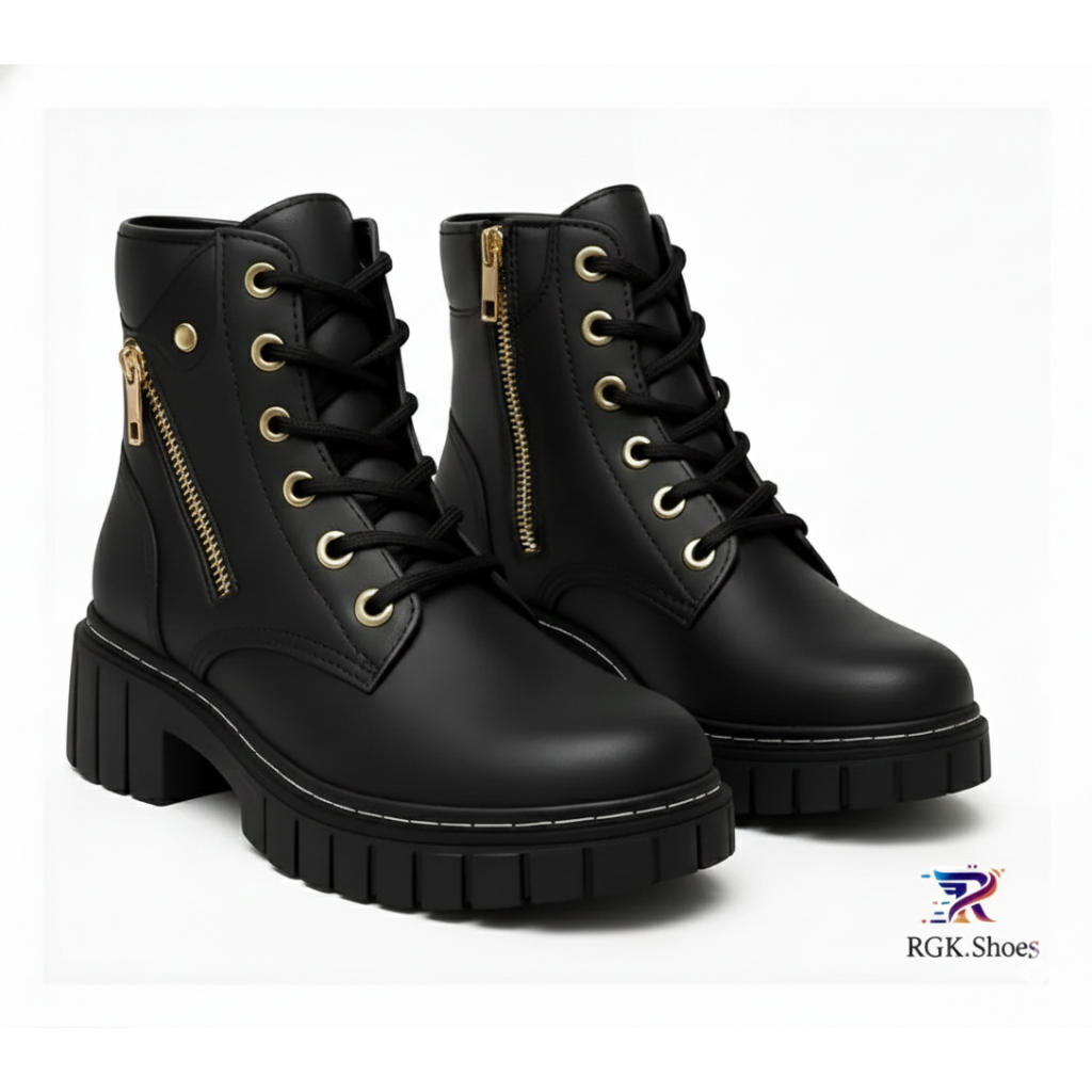 Bota Feminina Preto RGK Cano Curto Tratorada Blogueira Confortável Estilosa Inverno Salto Baixo Coturno Macia Oferta Lux