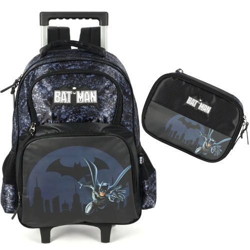 Kit Mochila De Rodinhas + Estojo Batman Preto Luxcel