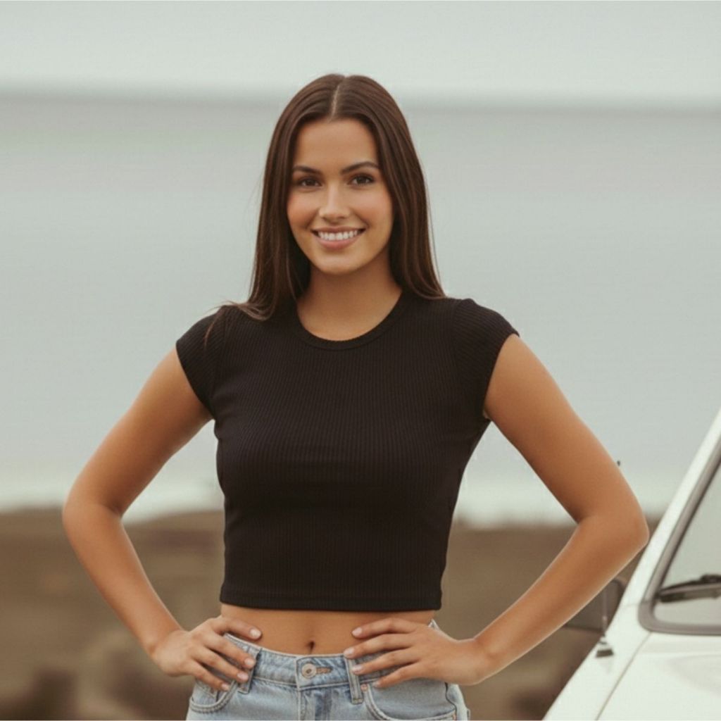Top Blusinha Cropped Feminino em Ribana Canelada Moda Gringa com Elastano Modelagem Justa Manga Curta Gola Redonda