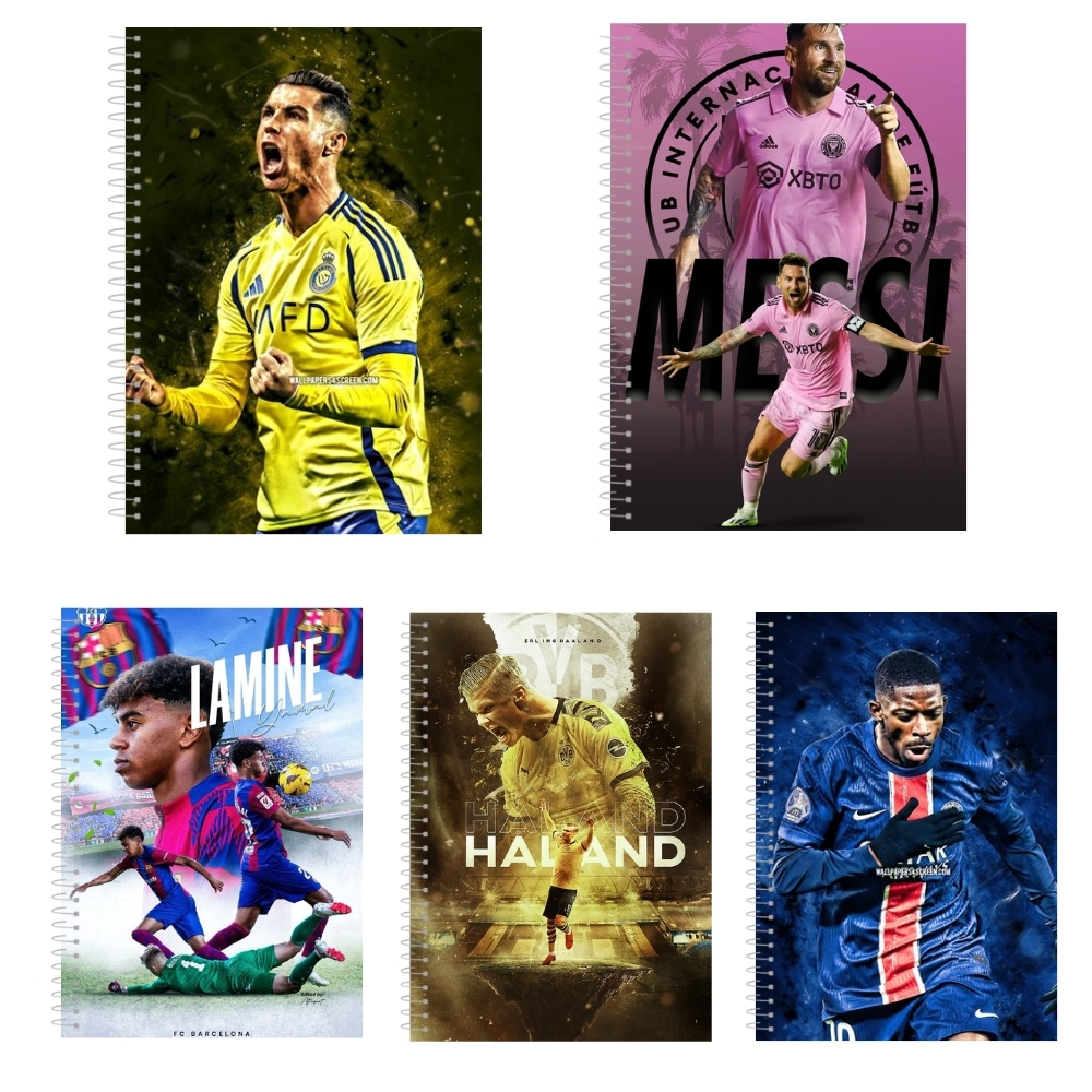 Kit 5 Cadernos de Futebol Premium – Capa Dura 1 Matéria ou 10 Matérias Jogadores em Oferta na Shopee