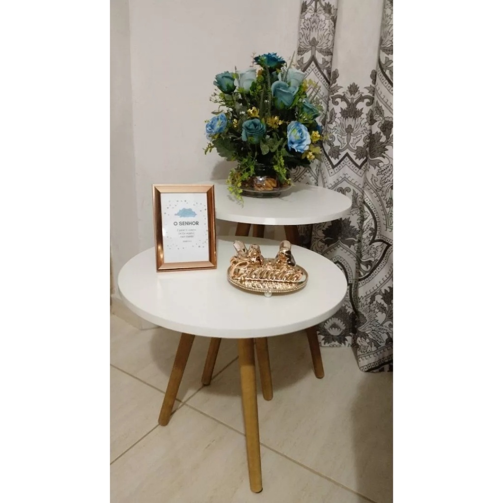 Conjunto 2 Mesinha Canto Lateral Redonda Grande Decorativa Apoio Sala Sofá Quarto Madeira MDF Branca