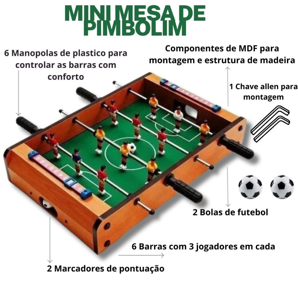 Mesa de Pebolim Infantil de Madeira Totó Tamanho Médio Brinquedo