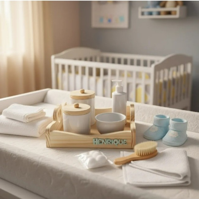 Kit Higiene Bebê Porcelana Tampa Madeira Sabonete Liq Novo