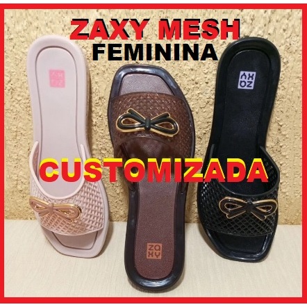 Chinelo Slide Feminino Sandália ZAXY Mesh Lacinho Dourado Preto Nude Marrom
