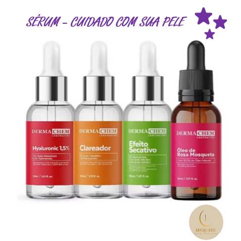 Sérum Facial Dermachem 30ml – Ácido Hialurônico, Rosa Mosqueta, Efeito Secativo e Clareador