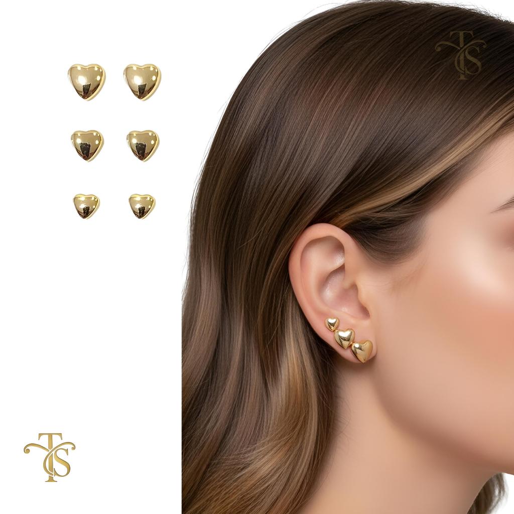 Trio Brinco Coração Liso Banhado a Ouro 18k Kit 3 Pares P M G I Semijoia Romântica Delicada