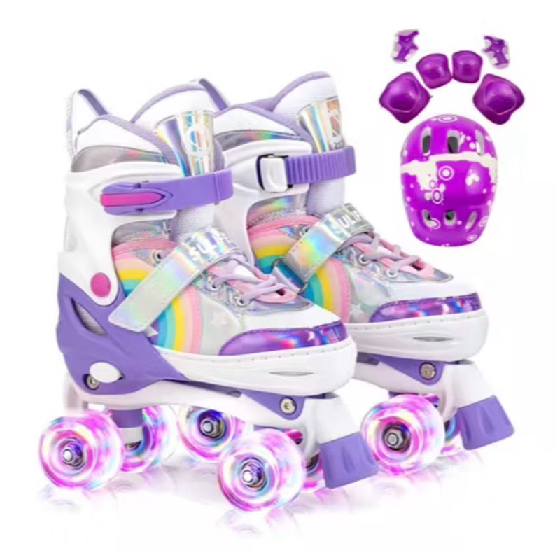 Patins Infantil 4 Rodas Roller + Rodas LED + KIT de Proteção, Cor Arco Íris e Azul