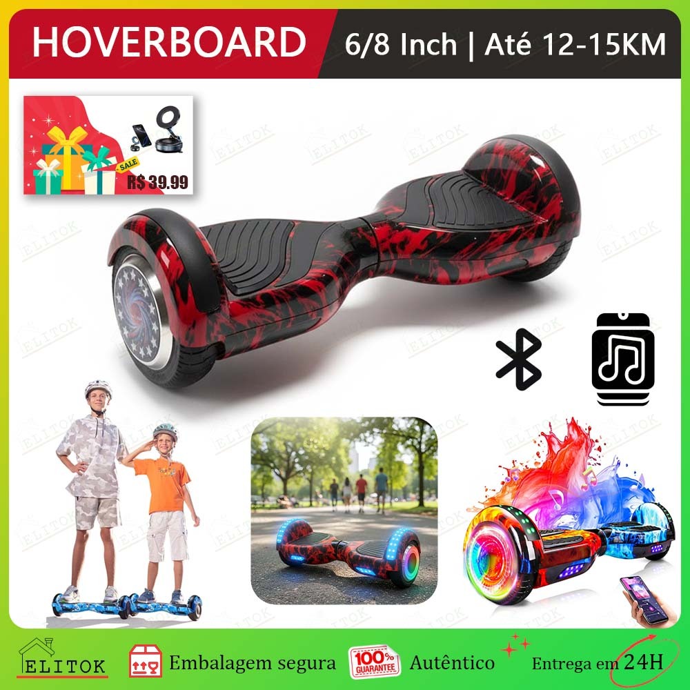 Hoverboard Infantil 8 Polegadas Skate Elétrico LED Bluetooth Música Motor 600W Caixa de Som Bateria Grande Capacidade