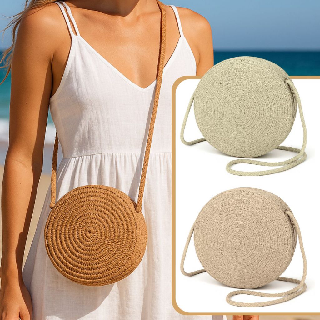 Bolsa De Praia Feminina Bolsa Redonda De Palha Bolsa Transversal Moda De Verão - Envio Imediato em Oferta na Shopee