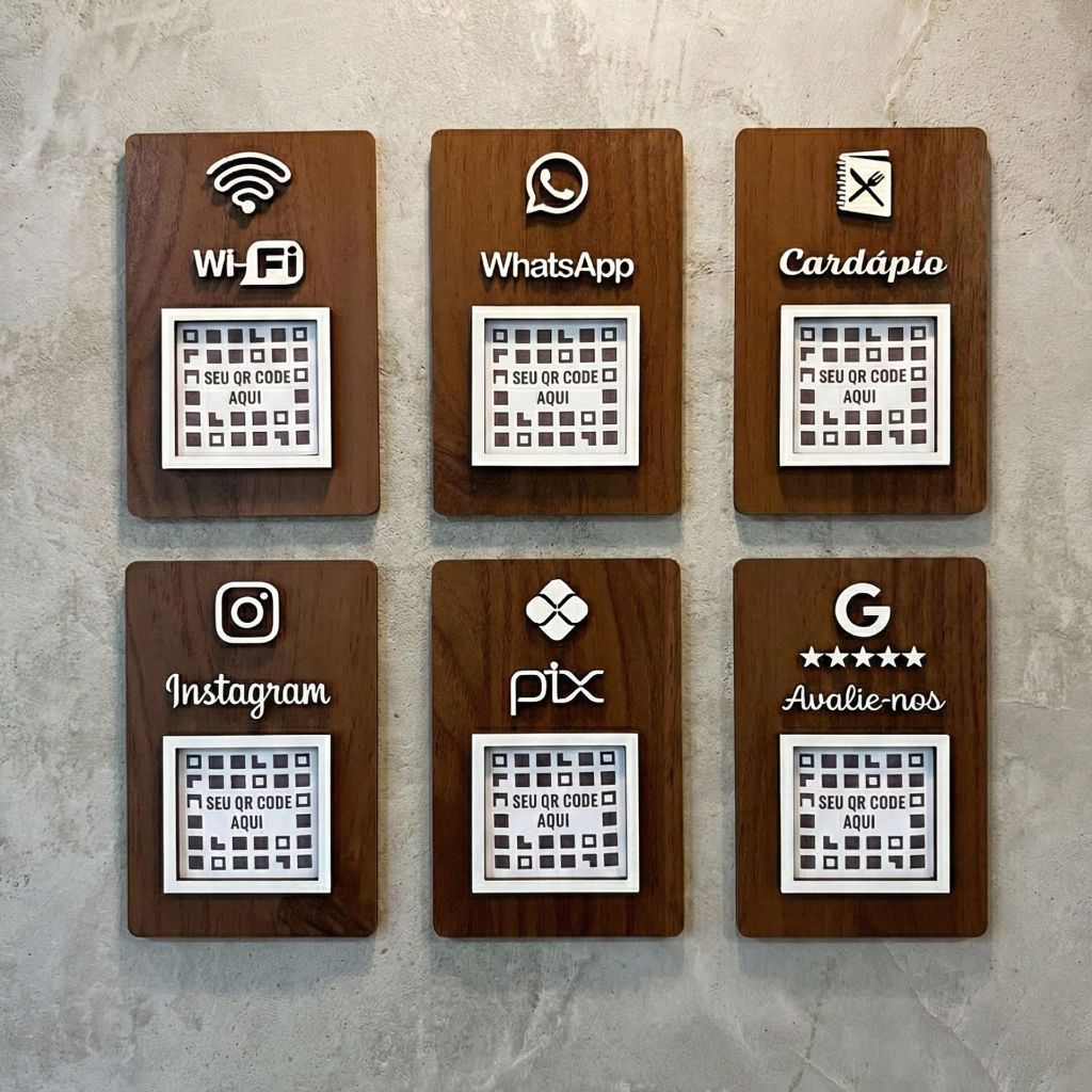 Plaquinha QR Code de Parede para Pix  Avaliação Google Wi Fi Instagram Cardápio MDF, Diplay