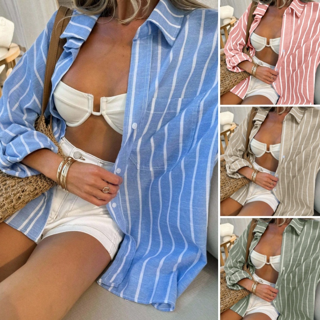 Camisa Manga Longa Feminina BotõEs Listrada Listras Coloridas E Bloco Mangas DobráVeis
