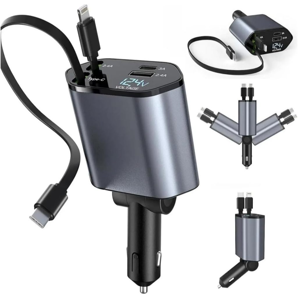 Carregador Veicular 4em1 Retrátil Turbo 120W Cabo Tipo C iPhone USB Display Voltagem Carro 12V 24V