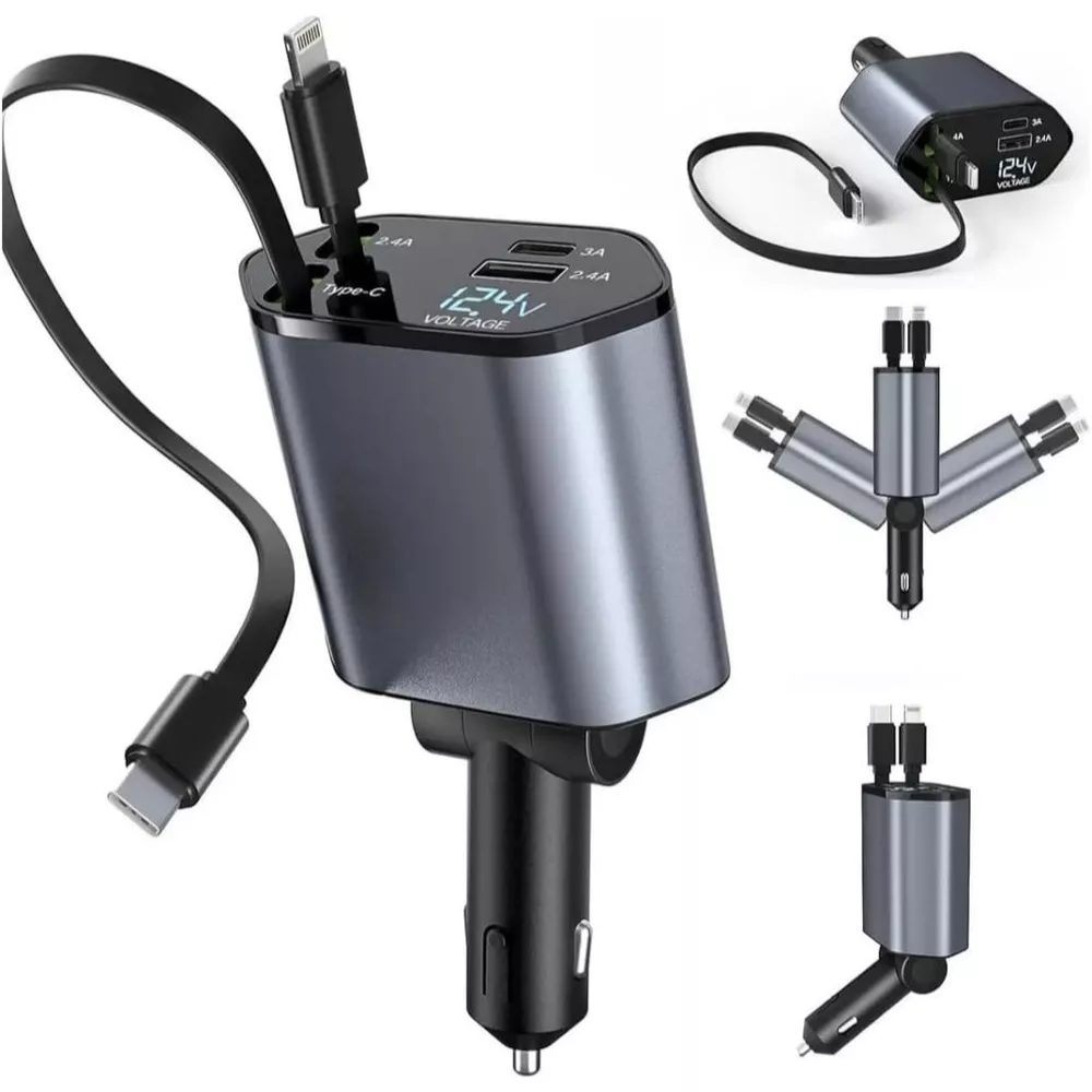 Carregador Veicular 4em1 Retrátil Turbo Cabo Tipo C iPhone USB Display Voltagem Carro 12V 24V
