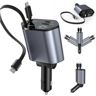 Carregador Veicular 4em1 Retrátil Turbo Cabo Tipo C iPhone USB Display Voltagem Carro 12V 24V