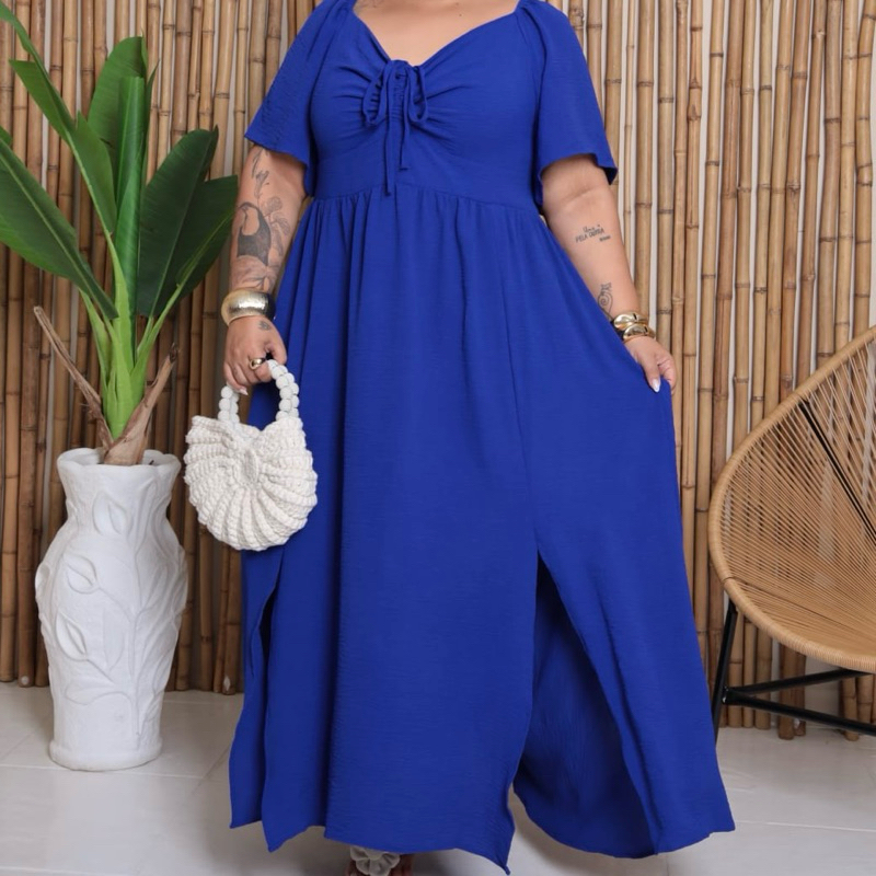 Vestido longo plus size ciganinha com abertura lateral 52 ao 58 | Gabi