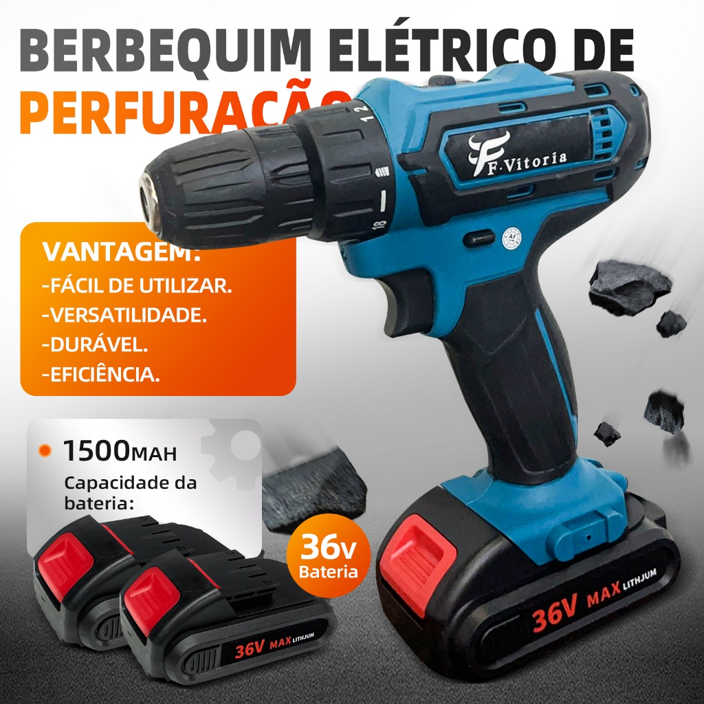 Parafusadeira Furadeira de Impacto Recarregável Sem Fio 36v 2 Baterias Com Maleta Completo