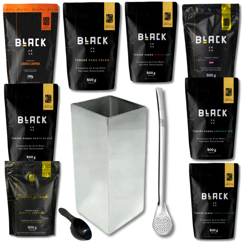 KIT TERERÉ Erva Mate 500g Sabores + Copo em INOX 250Ml + Bomba de Tereré + Medidor de Erva
