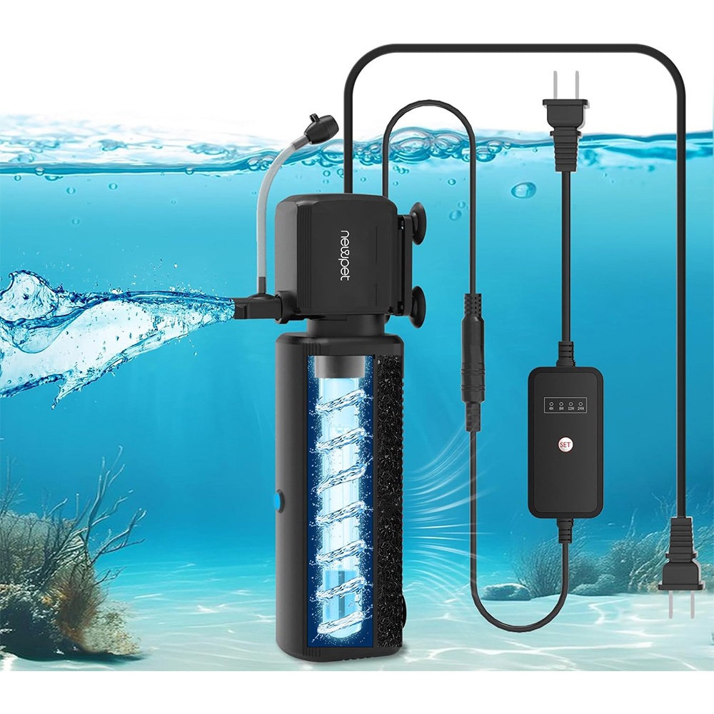 NewPet Filtro para Aquário com Luz UV e Esponja, Timer para Água Verde, Modos Aeração e Chuva, Água Doce ou Salgada