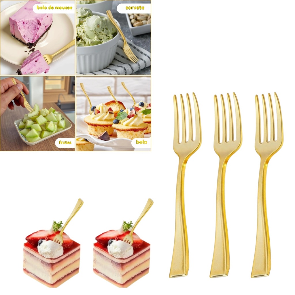 50/100 peças de mini garfos descartáveis de plástico douradas, perfeito para aperitivos pequenos