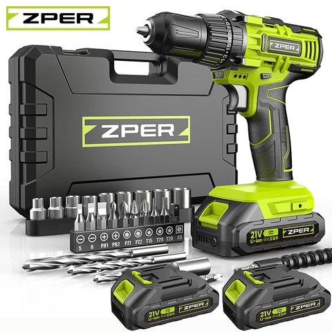 ZPER Furadeira Parafusadeira A Bateria 21V Com Duas Bateria Maleta Kit Ferramentas Completo