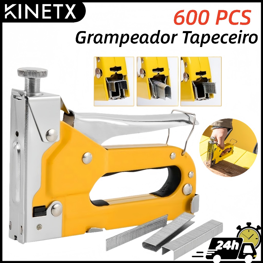 Kit 600 Grampos + Grampeador Tapeceiro Profissional 3 em 1 Aço Reforçado Regulável para Madeira Sofá Estofado