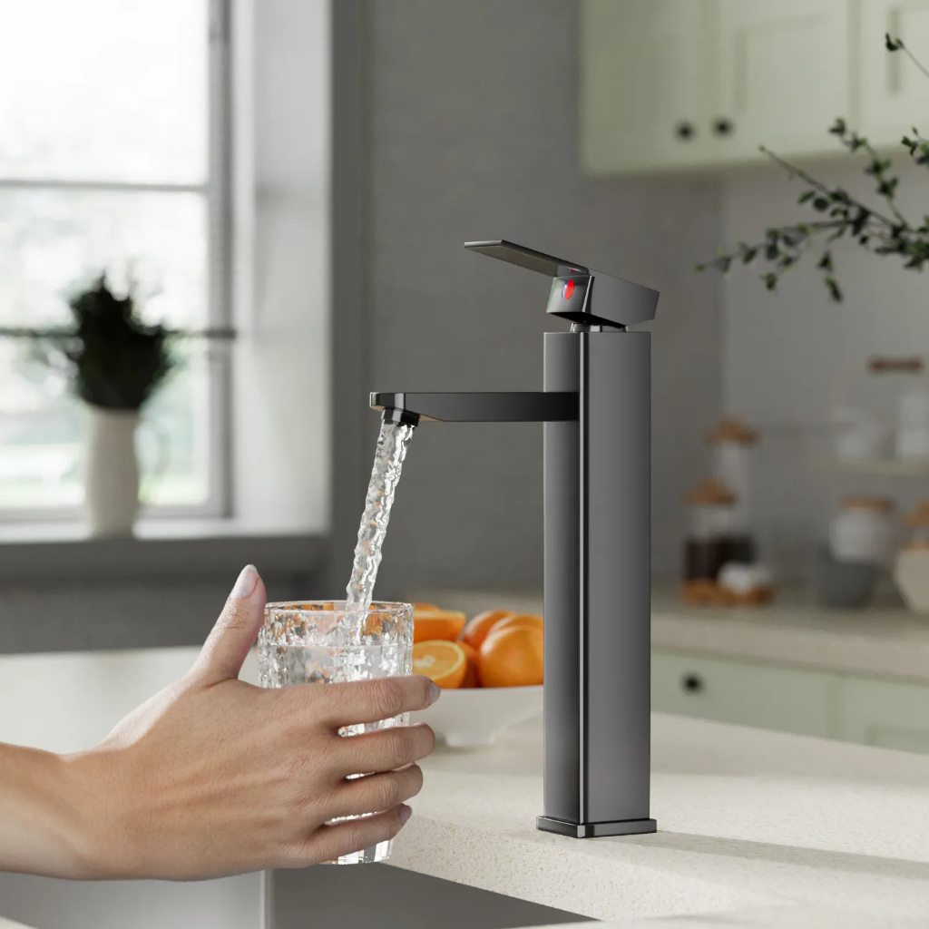 Heemli torneira banheiro inox monocomando Lavabo Saída Alta para Cuba Quadrado Escovado 2 Mangueiras Flexíveis de 60 cm