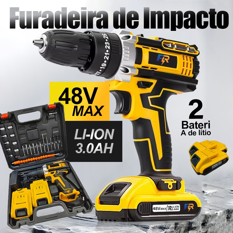 Furadeira Parafusadeira Impacto de Elétrica Sem Fio 48V 2 Baterias 3 funções Kit Completo Acessórios em Oferta na Shopee