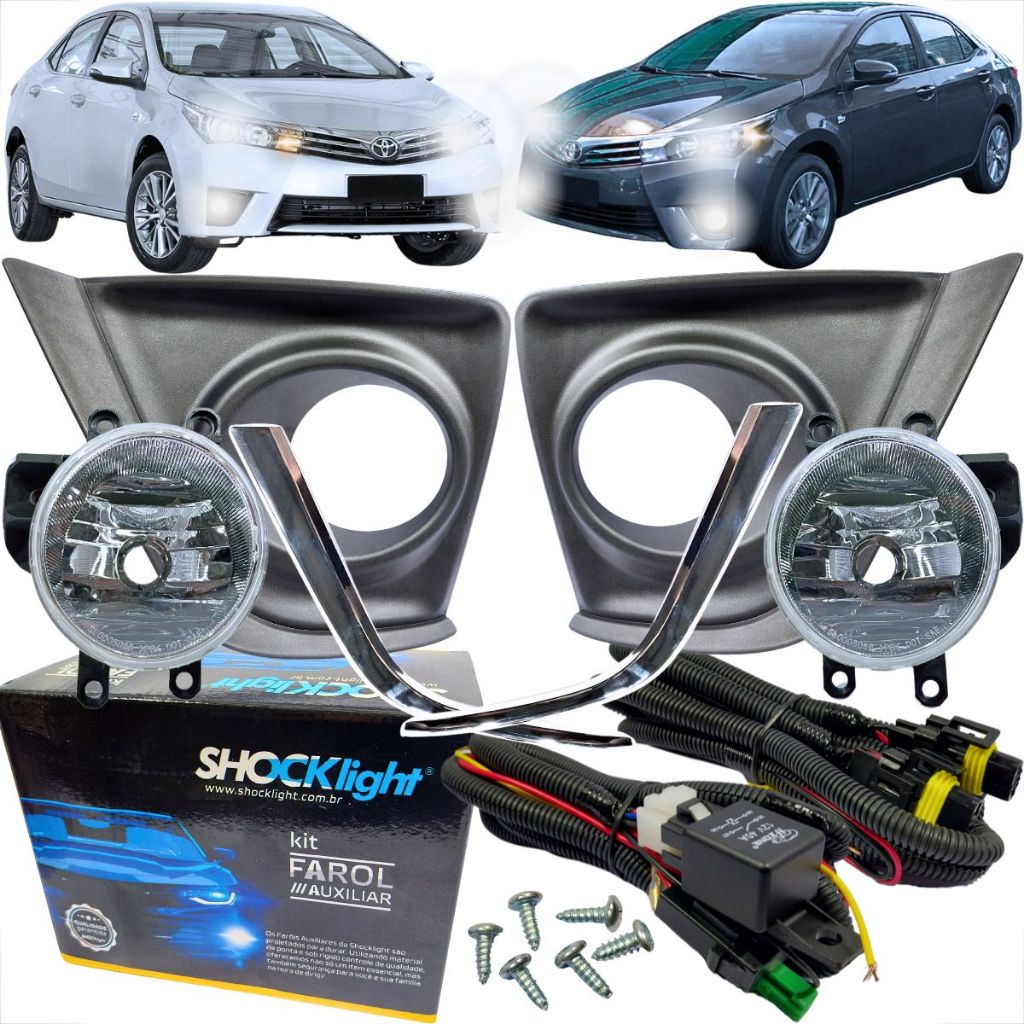 KIT FAROL DE MILHA TOYOTA COROLLA 2014 ATÉ 2017 COM MOLDURA CROMADA E BOTAO MODELO ORIGINAL