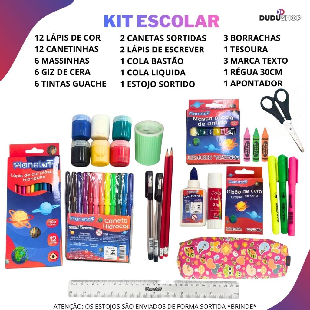 Kit Escolar Completo Menina e Menino 58pcs Papelaria Escolar Estojo Lápis de Cor Caneta Marca Texto em Oferta na Shopee