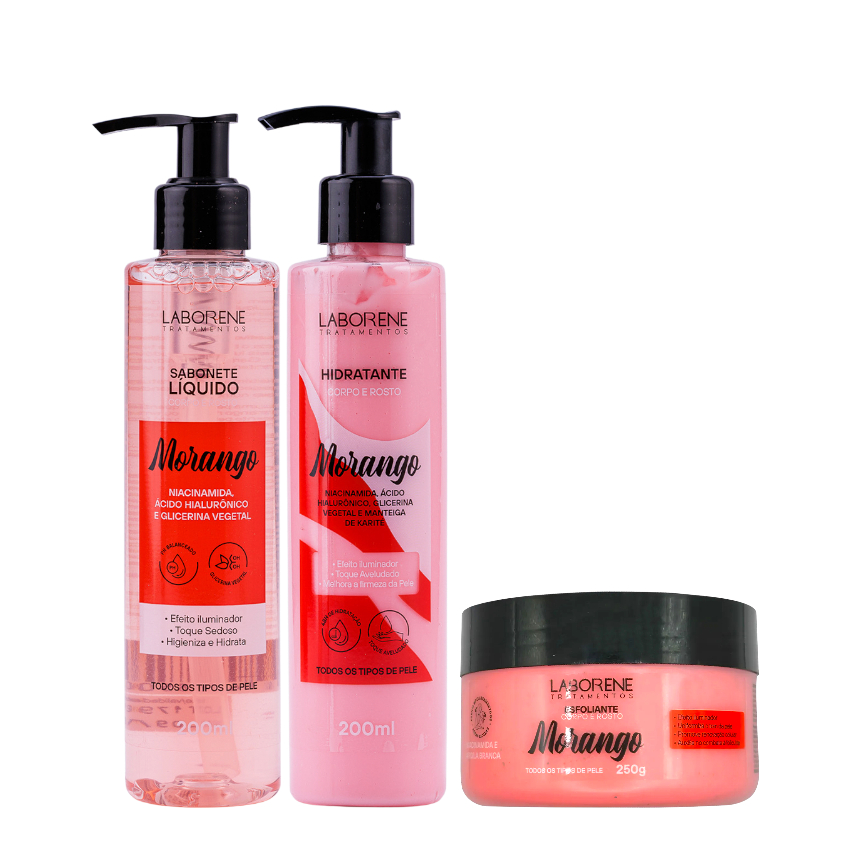Kit Banho Esfoliante, Hidratante e Sabonete Morango/Corpo e Rosto - Laborene
