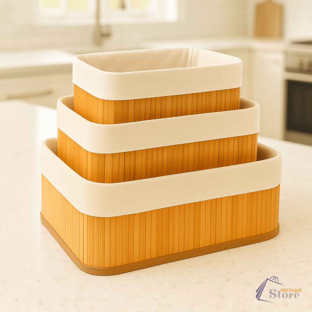 Kit 3 Cestos Organizador De Bambu Multiuso Com Revestimento Interno em Oferta na Shopee