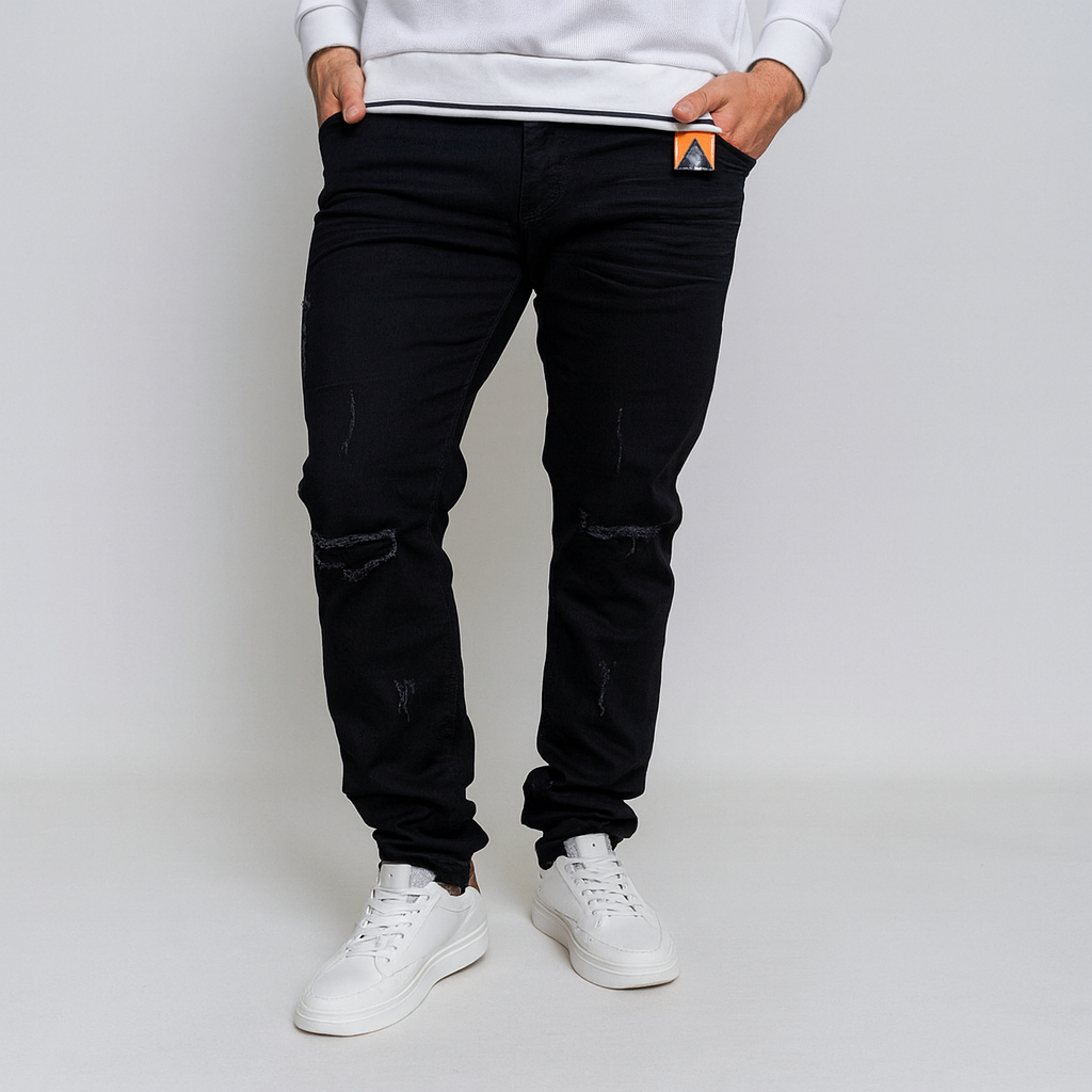 Calça Jeans Preta Rasgada Masculina Slim Estilo Jogador Skinny Destroyed Premium