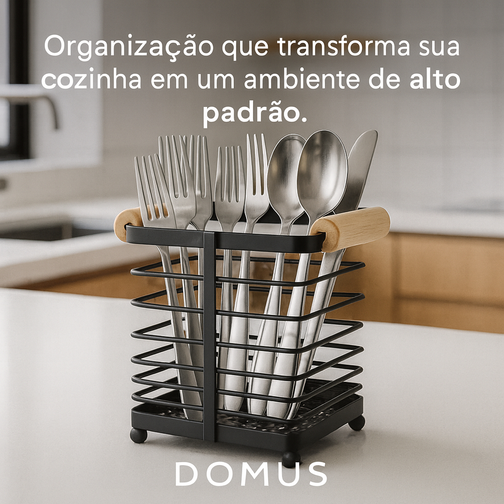 Porta Talheres Super Resistente Organizador Escorredor de Talheres e Utensílios Alça Bambu