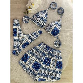 Conjunto Biquíni Cortininha + Shortinho  | Look Feminino Praia Verão Estiloso e Colorido Azul Caribe em Oferta na Shopee