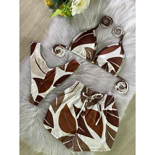 Conjunto Biquíni Cortininha + Shortinho | Look Feminino Praia Verão Colorido Marrom em Oferta na Shopee