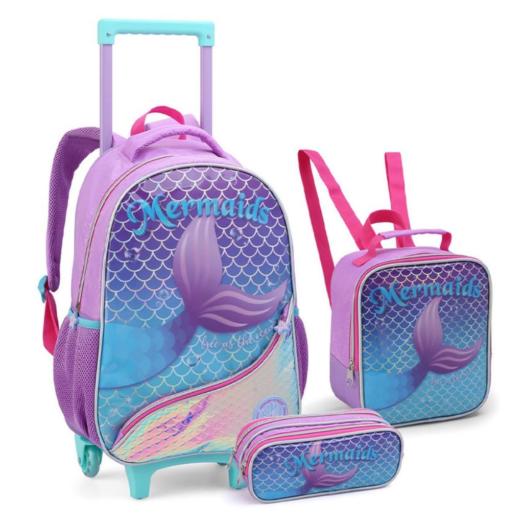 Kit Mochila Escolar com Rodas, Lancheira E Estojo Estampa Sereia, Lilás e Turquesa