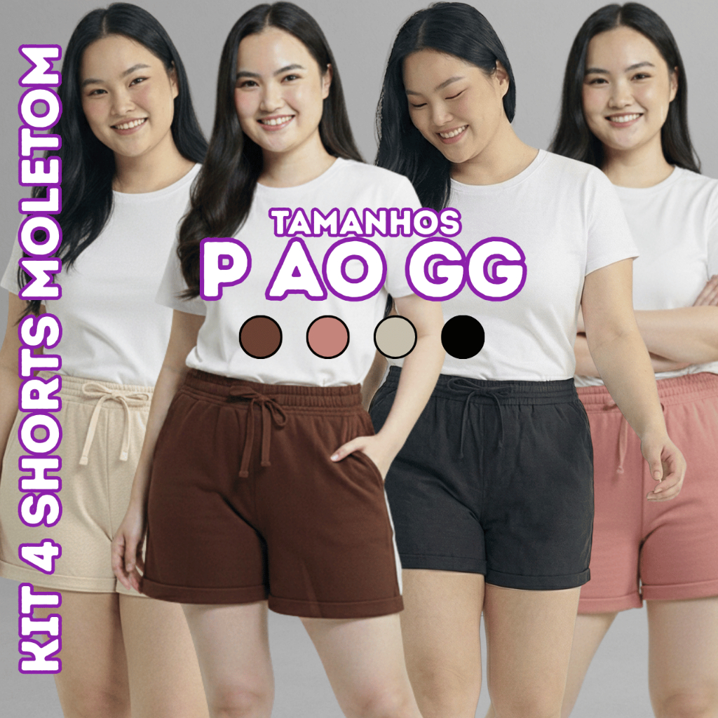 Kit 4 Shorts Moletom Feminino Confortável Calor Casual Leve Soltinho Moderna Marrom Off-white Rosê