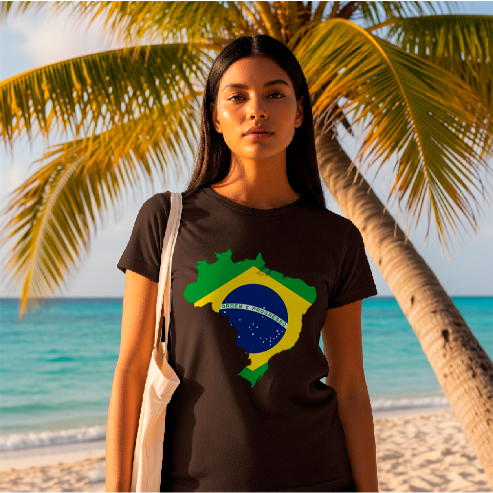 Camiseta Básica com a Bandeira com o Mapa do Brasil para Copa de 2026 100% Algodão Blusa Pro Verão