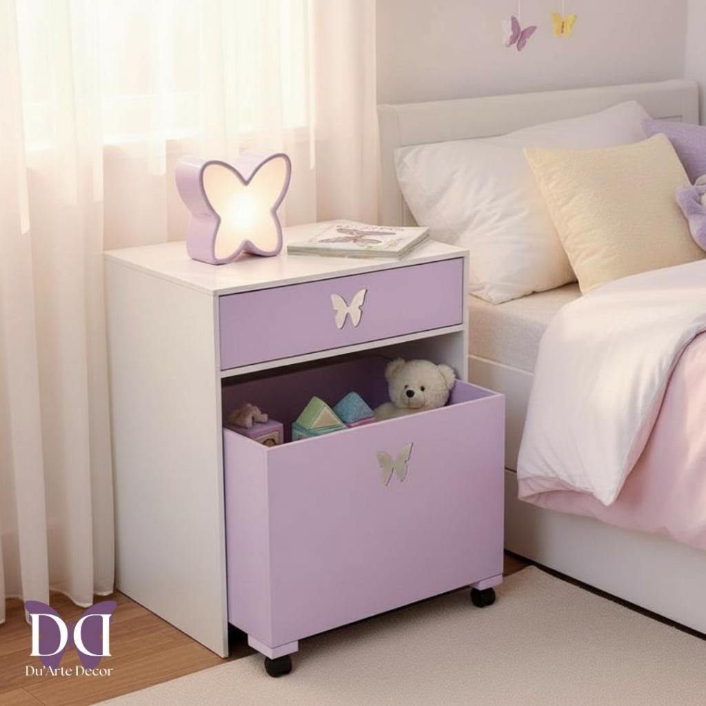 Mesa de cabeceira Infantil Com Gaveta e Caixa Organizadora em MDF Com Rodinhas Rodizios