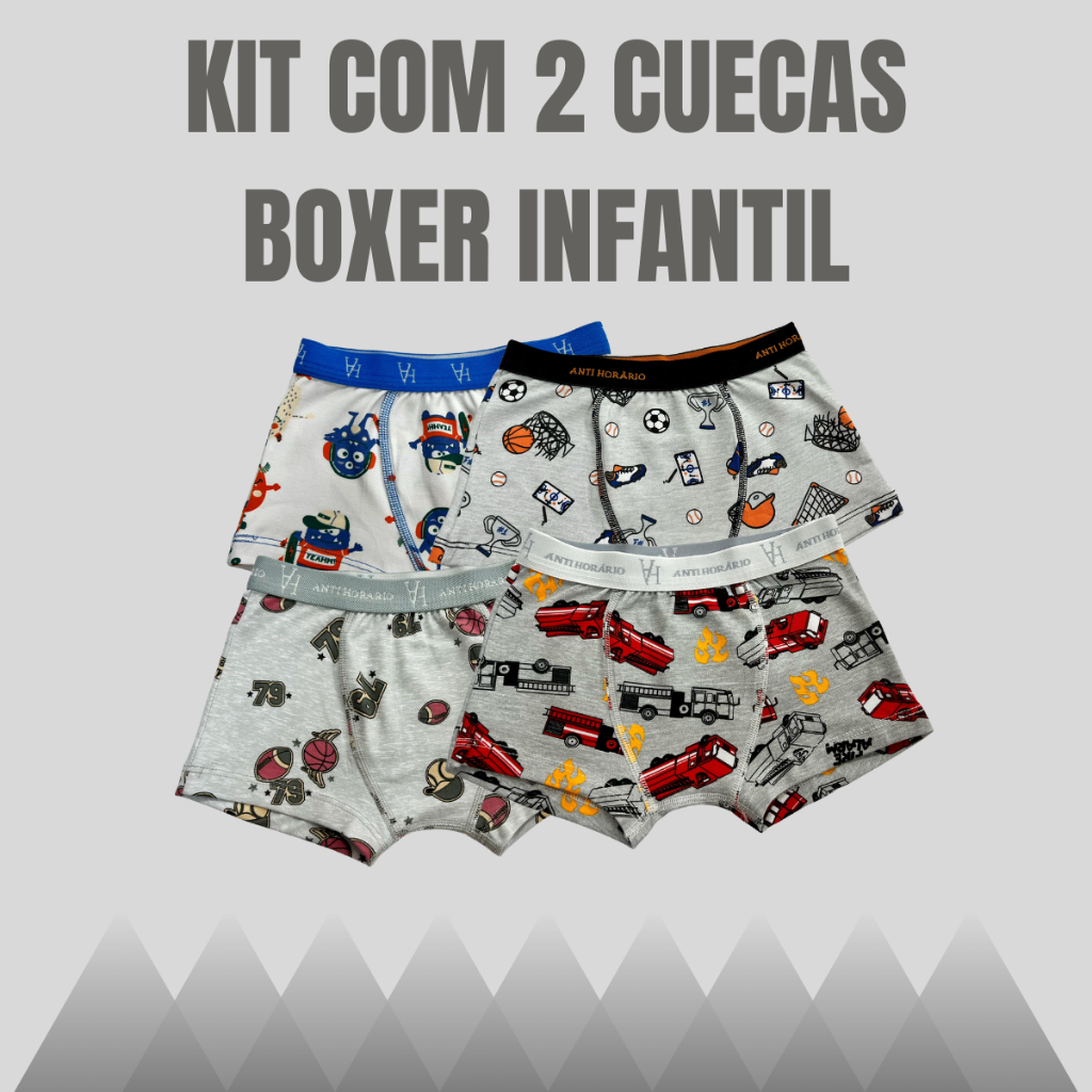 Kit 2 Cueca Boxer Infantil Menino Algodão Básica Estampada 539-K2