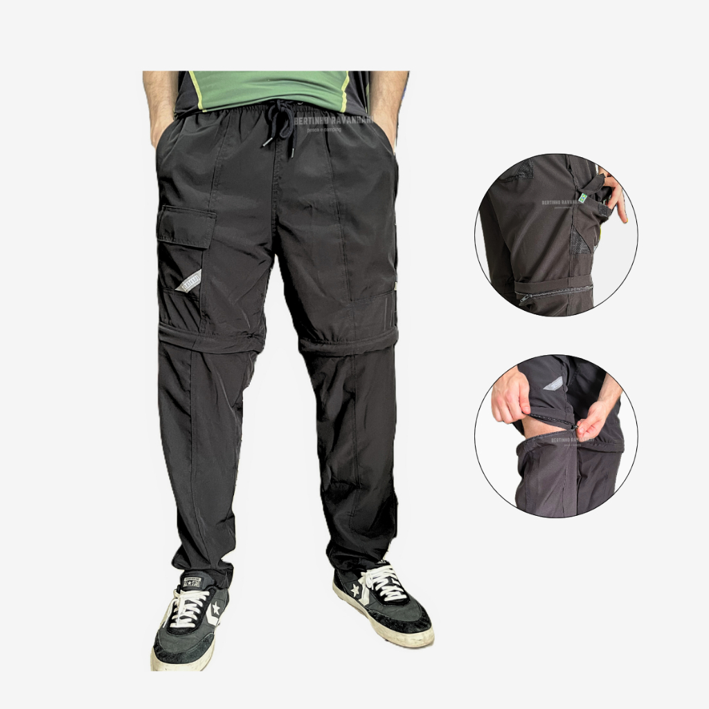 Calça Esportiva de Pesca e Trilha Mar Negro Vira Bermuda c/ Zíper Na Perna Tecido Leve Proteção UV50