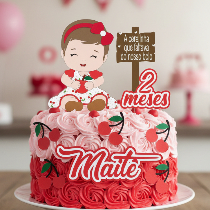 Topo de Bolo Cerejinha Menina Mesversário e Aniversário Papel Brilhoso Simples ou em Camadas em Oferta na Shopee
