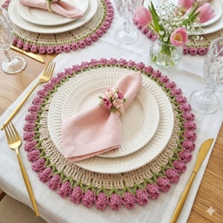 Sousplat de crochê tulipa kit 2 4 6 lugares mesa posta jogo americano artesanal 38 cm em Oferta na Shopee