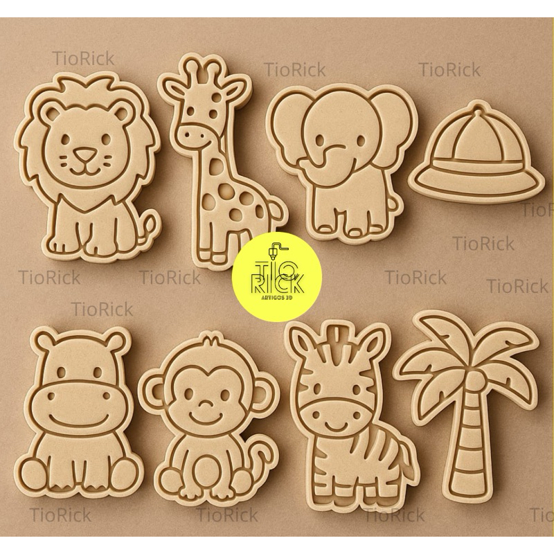 kit 8 unidades cortador e marcador tema safari para pasta americana, biscoitos e outros