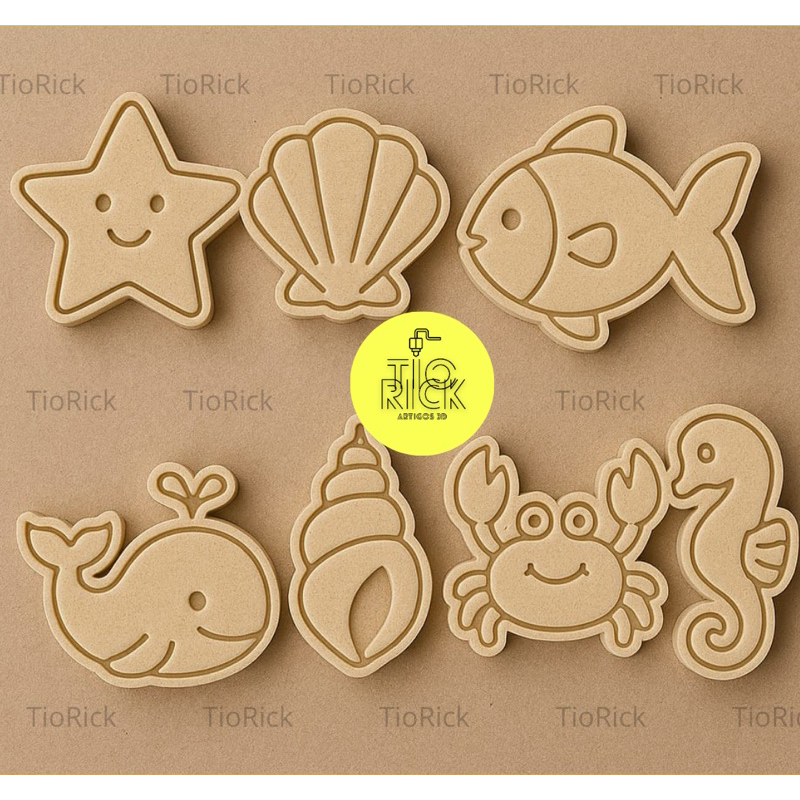 kit com 7 unidades de cortador e marcador tema fundo do mar para pasta americana, biscoitos e etc