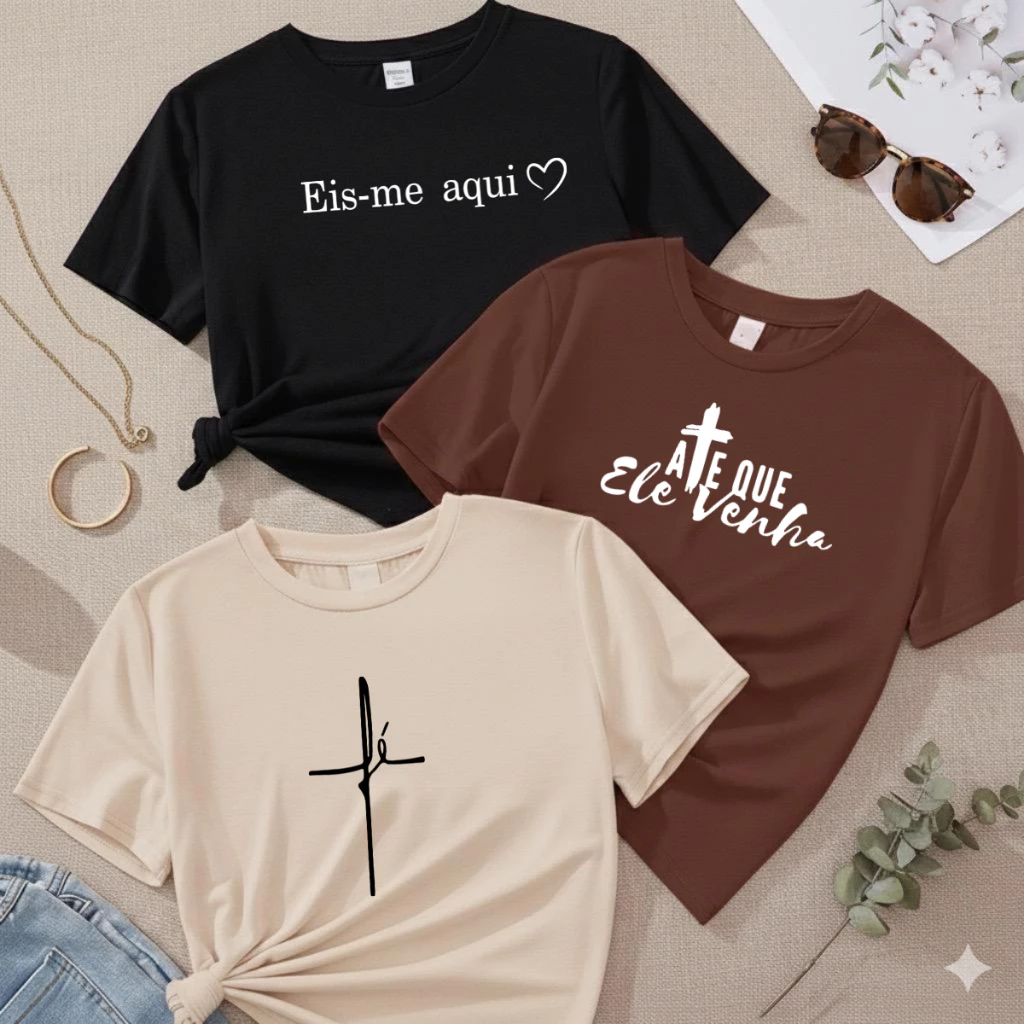 Kit 3 Camiseta Feminina Estampada 100% Algodão T-shirt Estilosa Envio Imediato — imagem 1