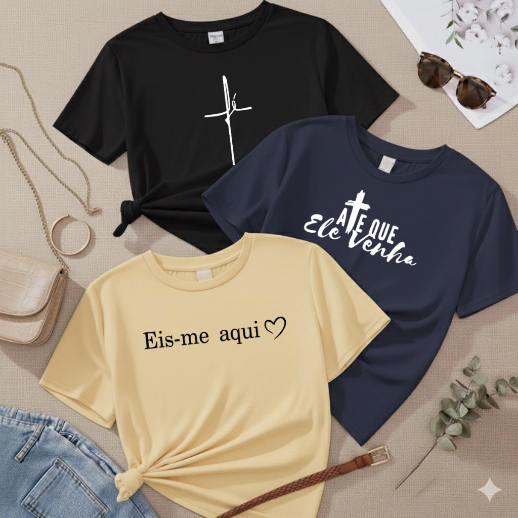 Kit 3 T-Shirt Feminina Estampada Camiseta Cristã Fé 100% Algodão Envio Imediato