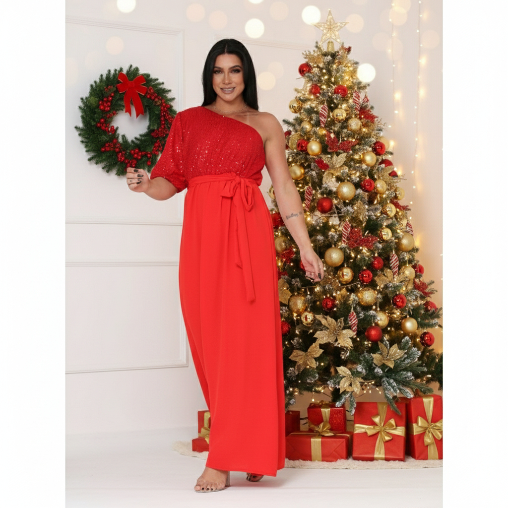 Vestido Longo Feminino Assimétrico Paetê Forrado Um Ombro Só Tendência Festa Natal